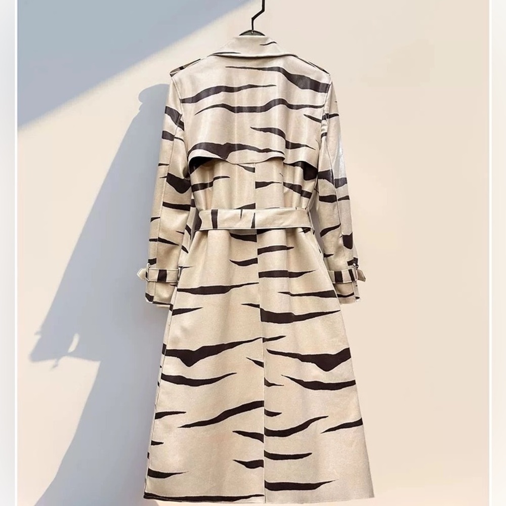 Elegant Zebra Print Belted Lapel Trench - Picture 6 of 11